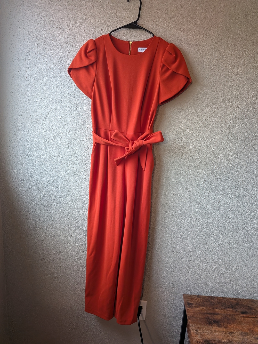 Calvin Klein Bright Orange Puff-Sleeve Tie-Waist Jumpsuit